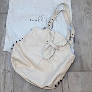 Lamarthe Paris White Leather Studded Hobo Shoulder Bag with Dust Bag